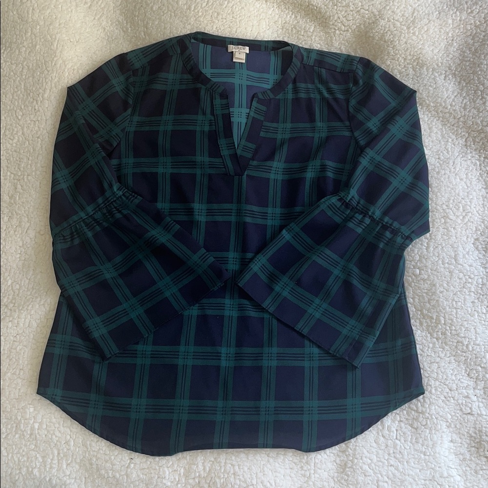 J Crew Factory Blue & Green Plaid Lightweight Bell Sleeve Blouse